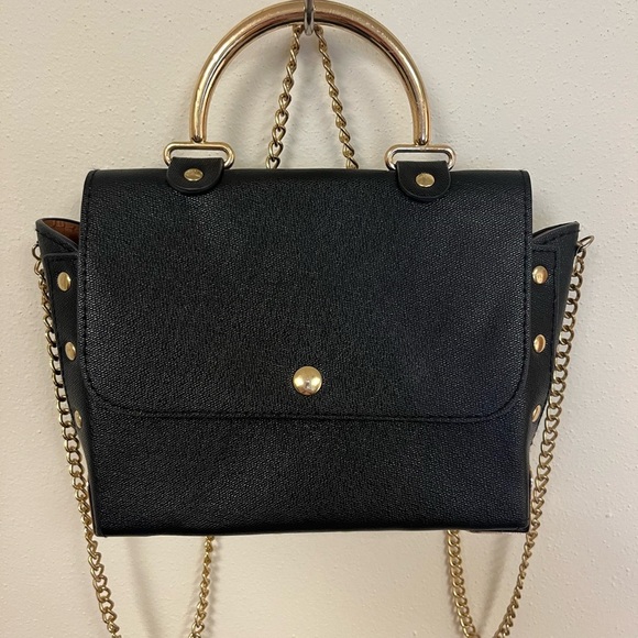 Black Handbag with Gold Accents Versatile Gold Studded Leather Shoulder Bag - Picture 3 of 15